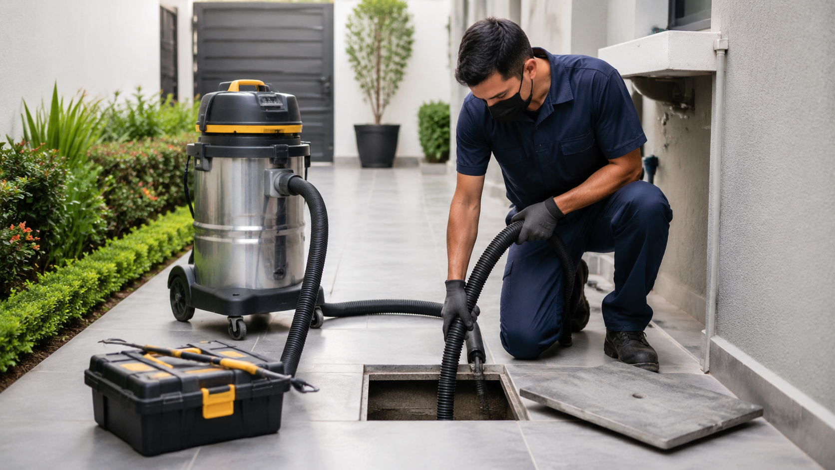 Técnico da Líder limpando caixa de gordura com equipamento a vácuo