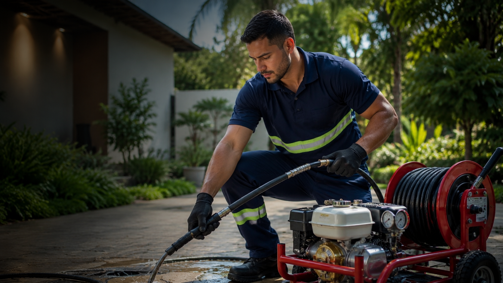 Técnico da Líder realizando hidrojateamento em Brasília